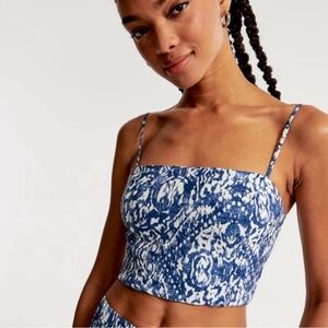Abercrombie & Fitch Crinkle Textured Squareneck Tank Top Crop blue white M A&F